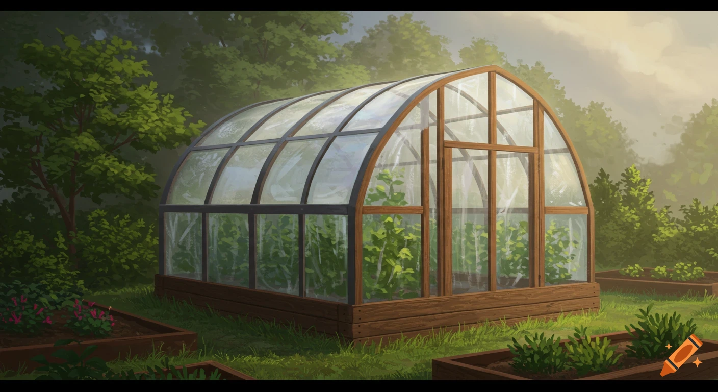 An arched greenhouse with a wooden base and glass panels, filled with green plants, set in a lush, sunlit garden with raised beds.