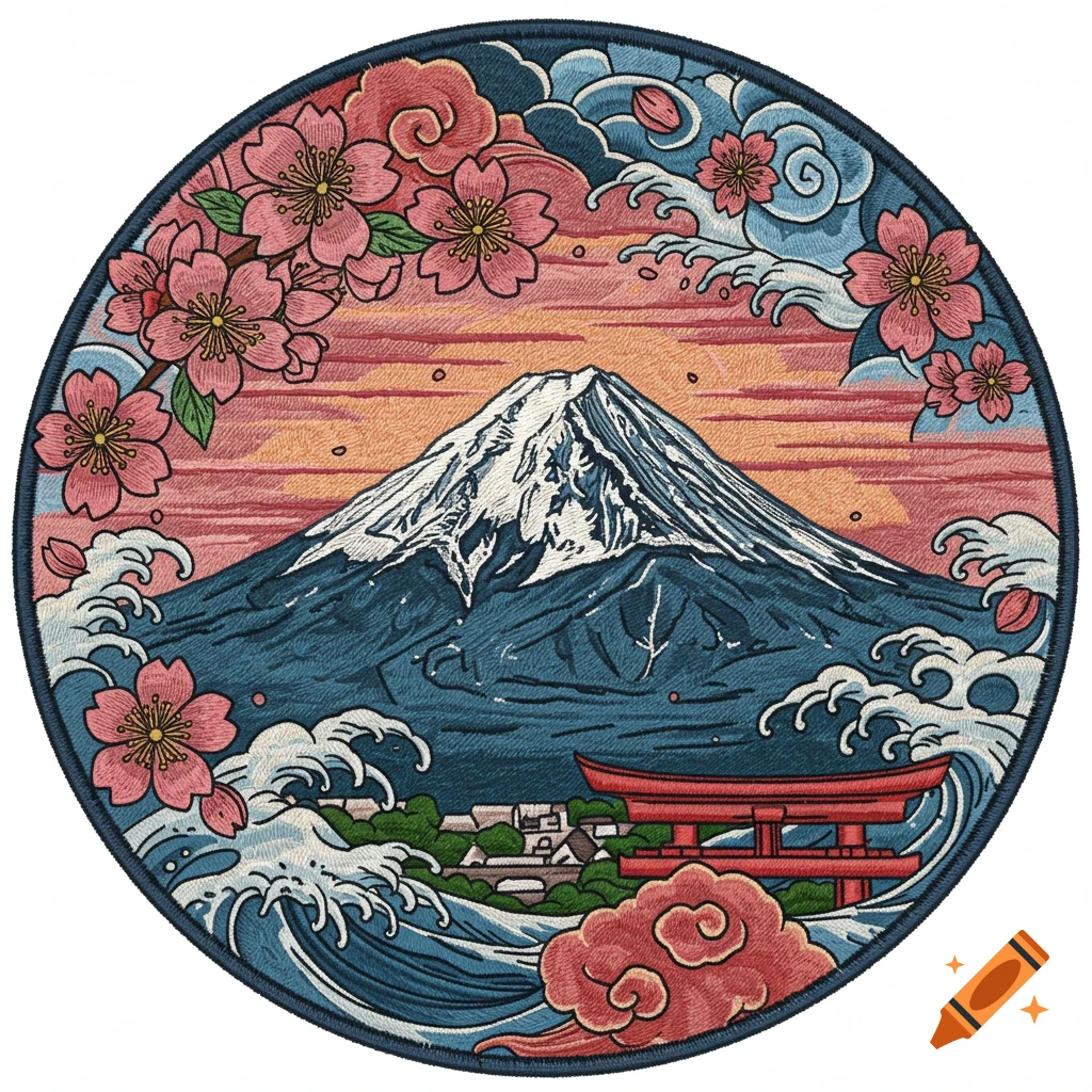 Circular embroidered patch design of Mount Fuji with cherry blossoms, traditional Japanese waves, and a red torii gate at sunset.