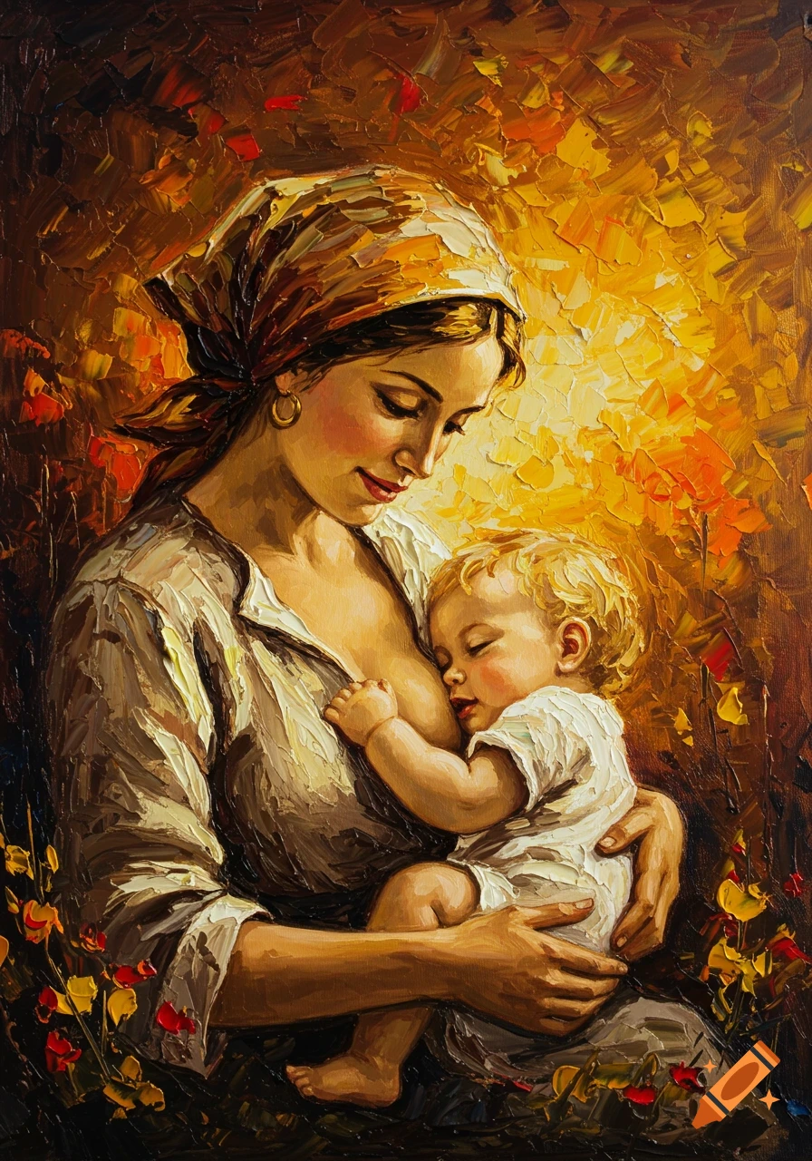 A warm impasto oil painting depicts a mother with a headscarf tenderly breastfeeding her baby, with a textured background of orange, brown, and yellow.
