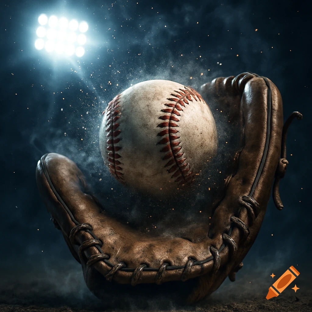 A photorealistic baseball and worn leather glove under bright stadium lights, with dust and sparks in the air.