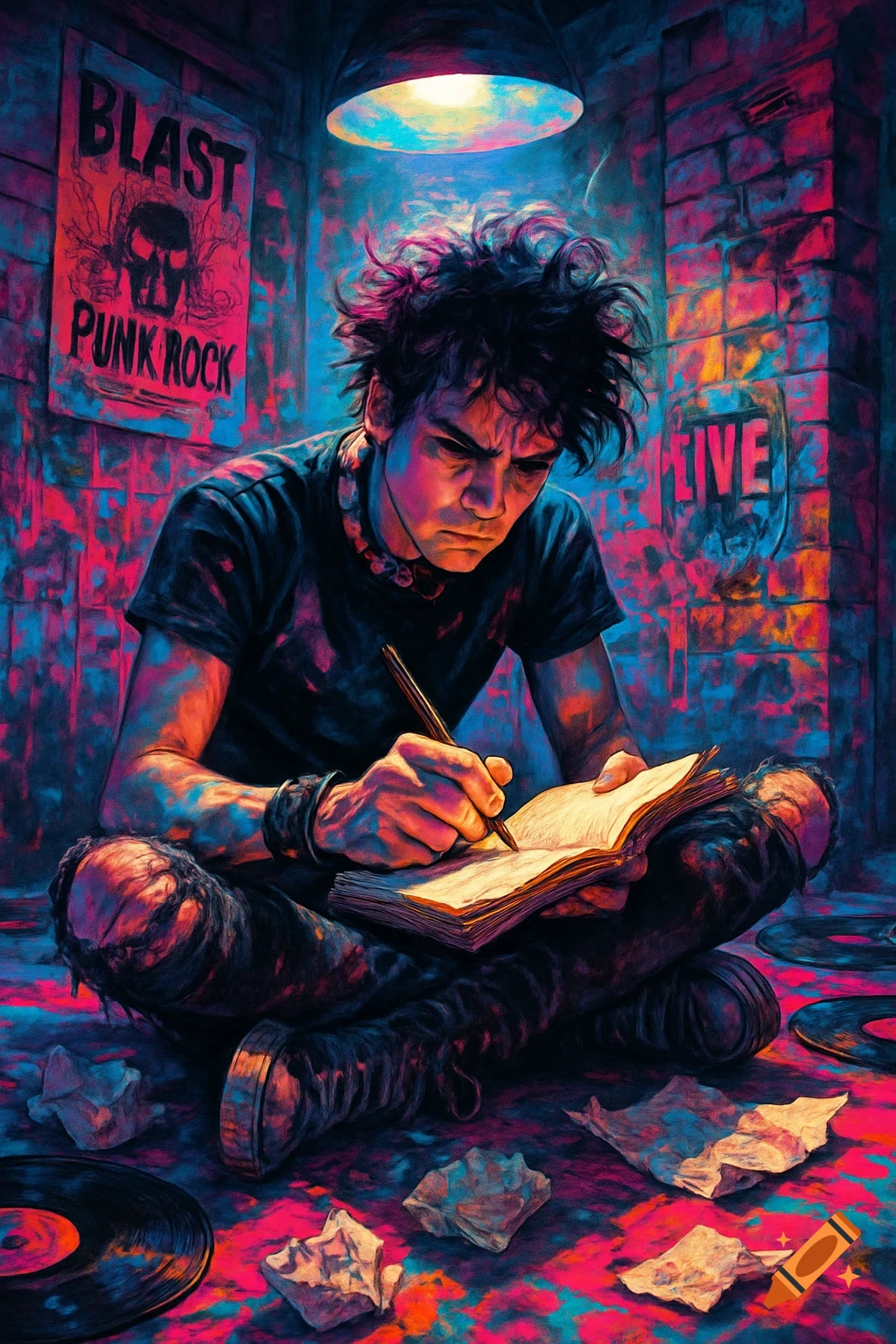 A punk-rock person with messy hair sits on a neon-lit, graffiti-covered floor, writing in a book, surrounded by records and crumpled paper.