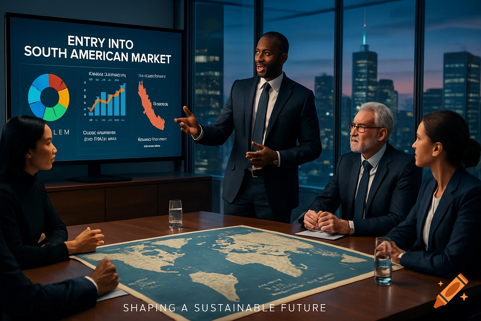 A diverse business team in suits sits around a table with a map, watching a man present data on a large screen about entering the South American market.
