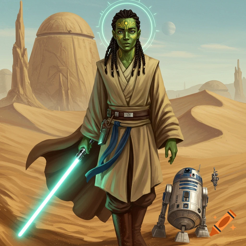 A green-skinned humanoid in robes with a lightsaber stands with an R2 ...