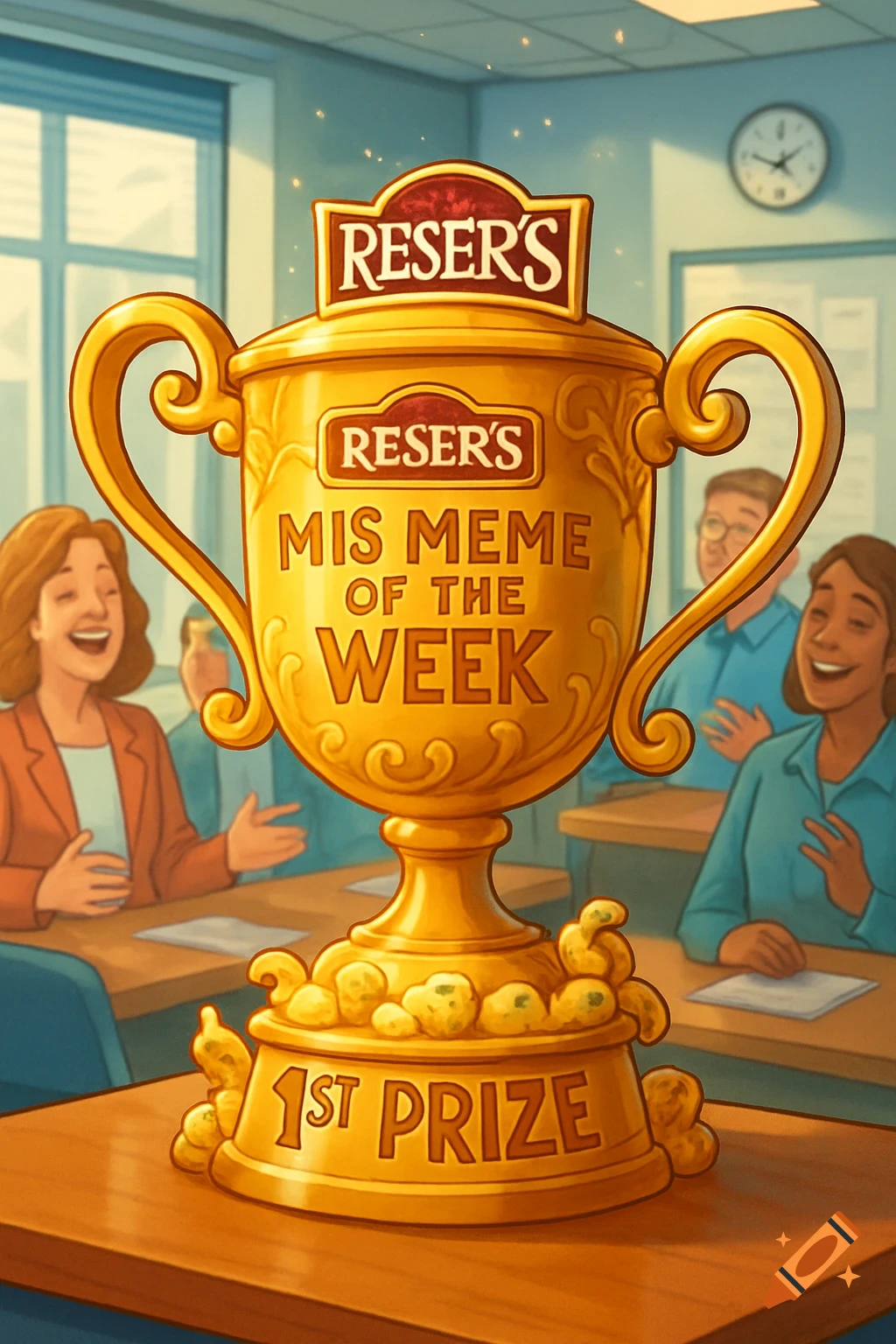 Illustrated golden trophy for 'Reser's MIS MEME of the Week! 1st Prize', adorned with potato salad, in an office with smiling colleagues.