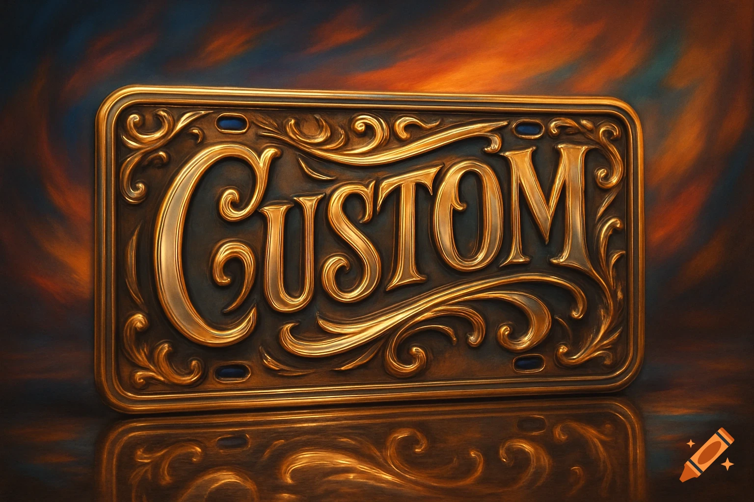 A highly ornate, gold-colored license plate with scrolling patterns features the word 'CUSTOM' embossed on it, reflected on a dark surface.