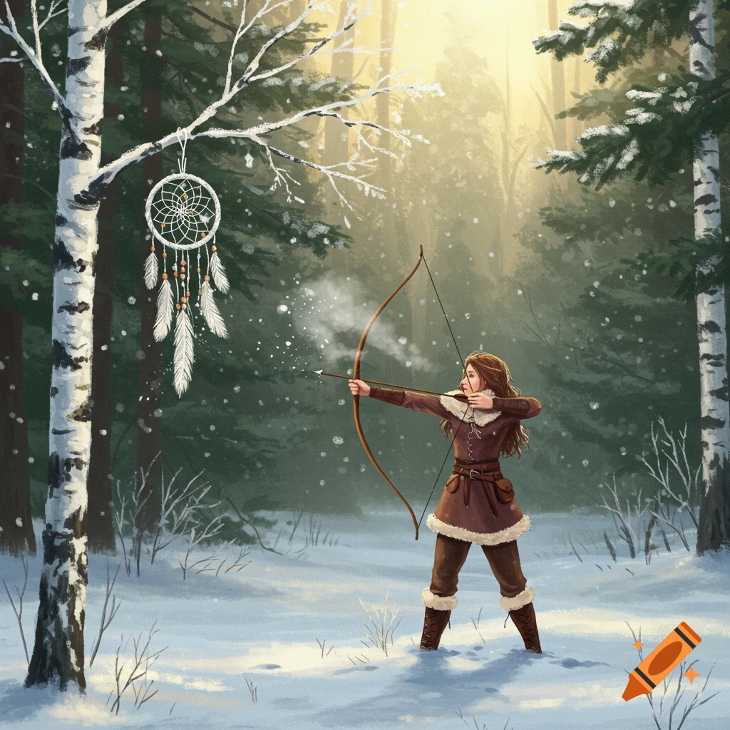 An illustration of a woman in winter clothing drawing a bow and arrow in a snowy forest with a dreamcatcher hanging from a birch tree.