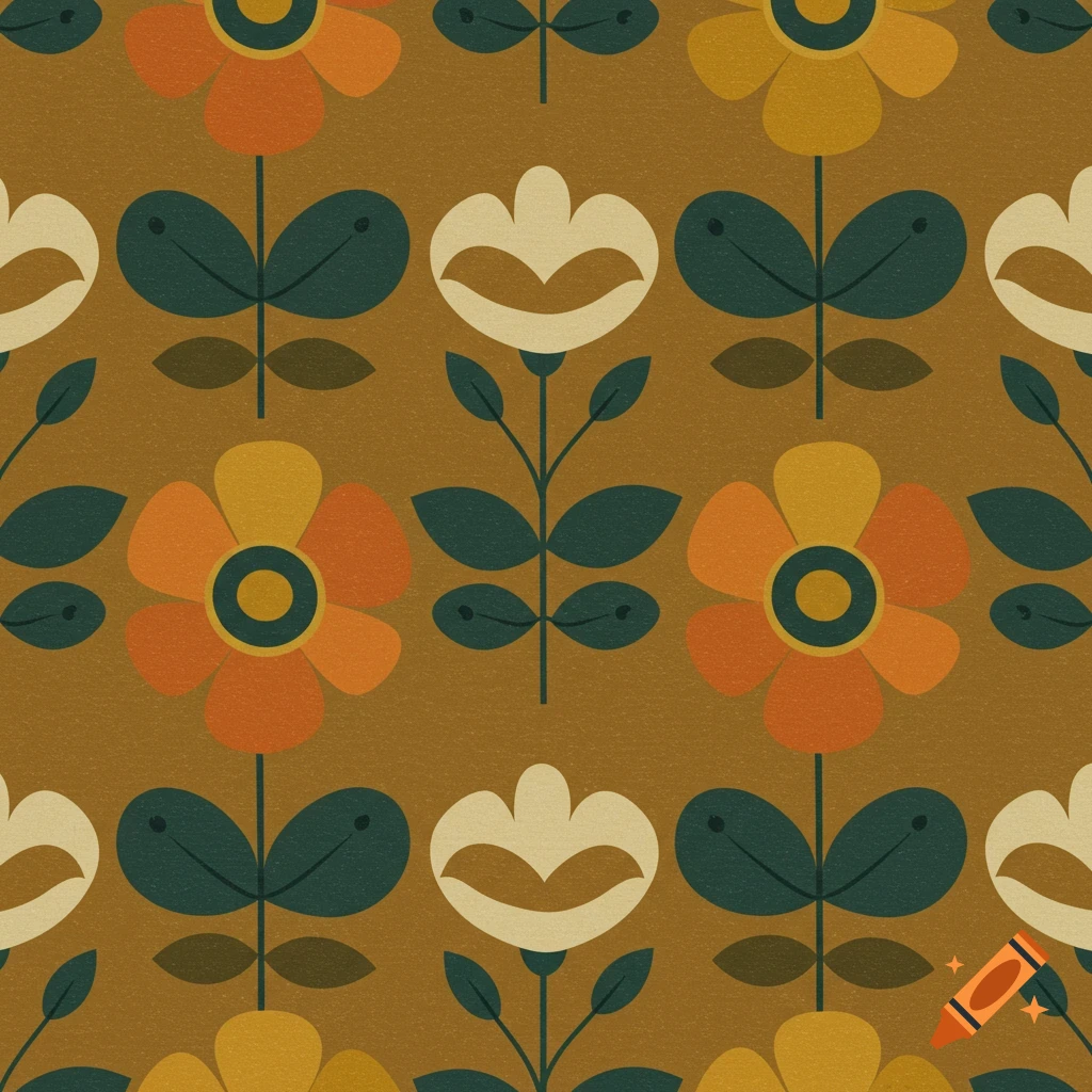 Mid-century modern seamless pattern with stylized orange and yellow flowers and green leaves on a brown background.