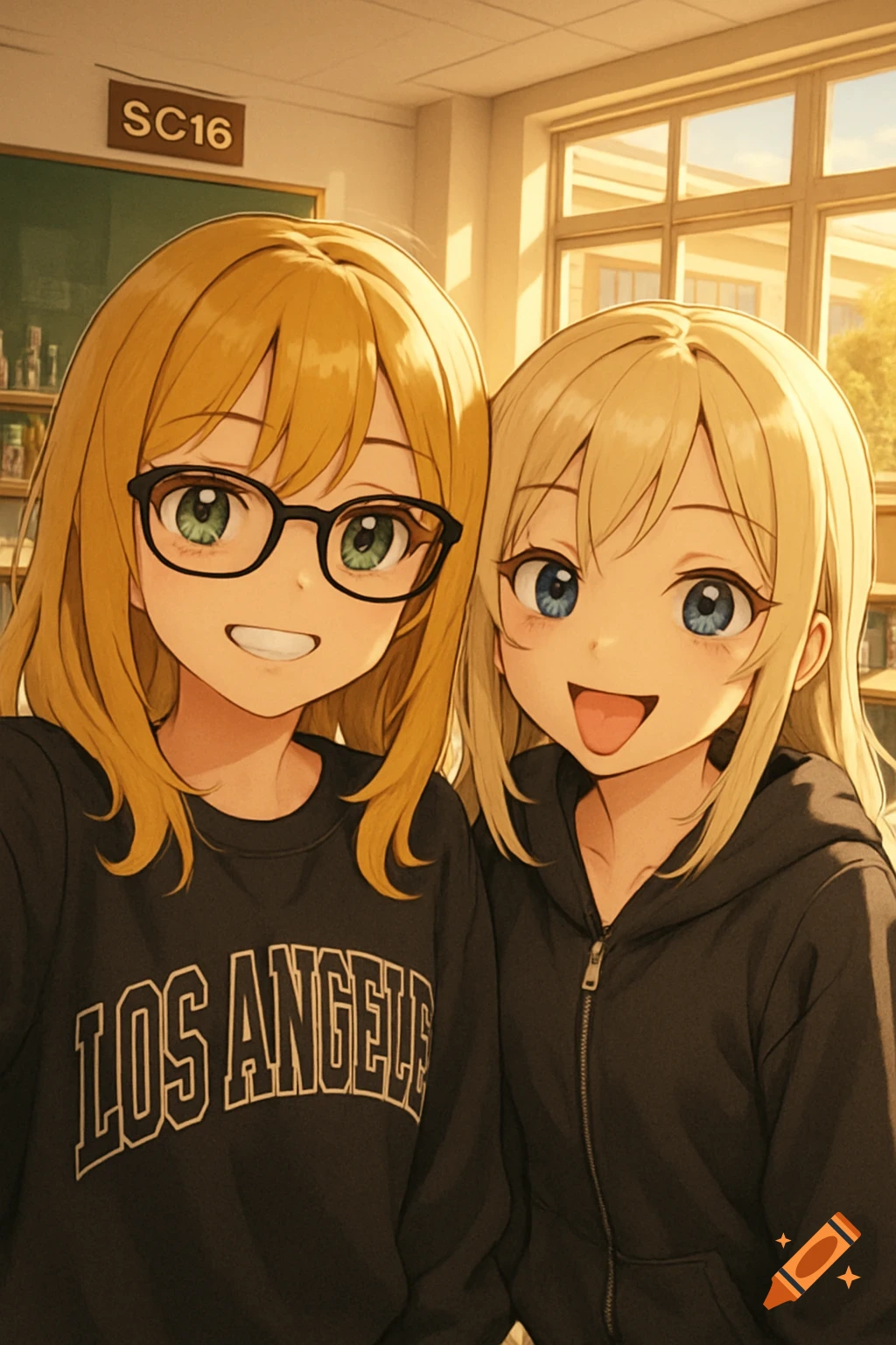 Anime selfie of two smiling teenage girls in a bright classroom. One wears glasses, the other has her tongue out.