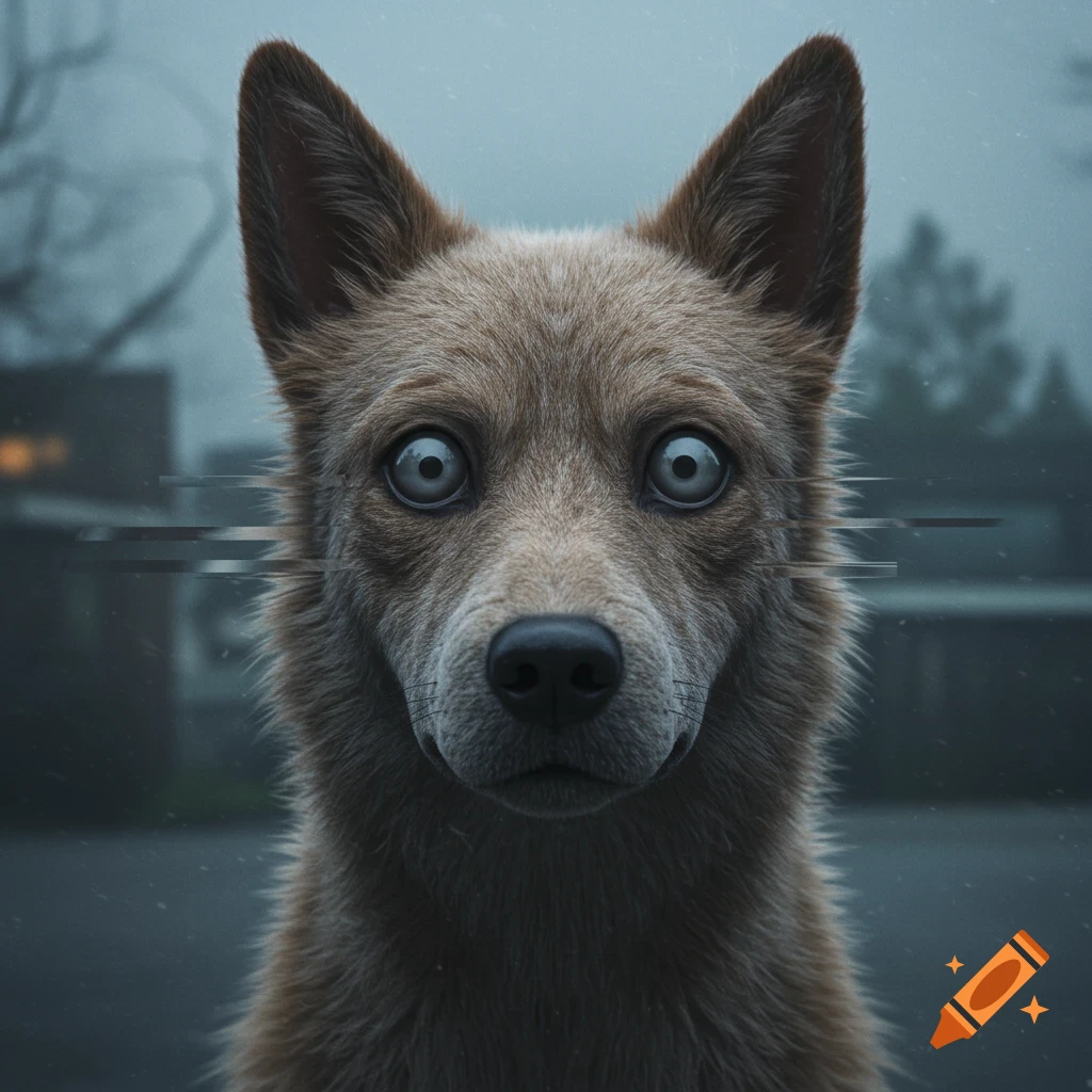 Close-up of a brown dog with wide, pale, unnerving eyes and horizontal glitching effects on a misty background.