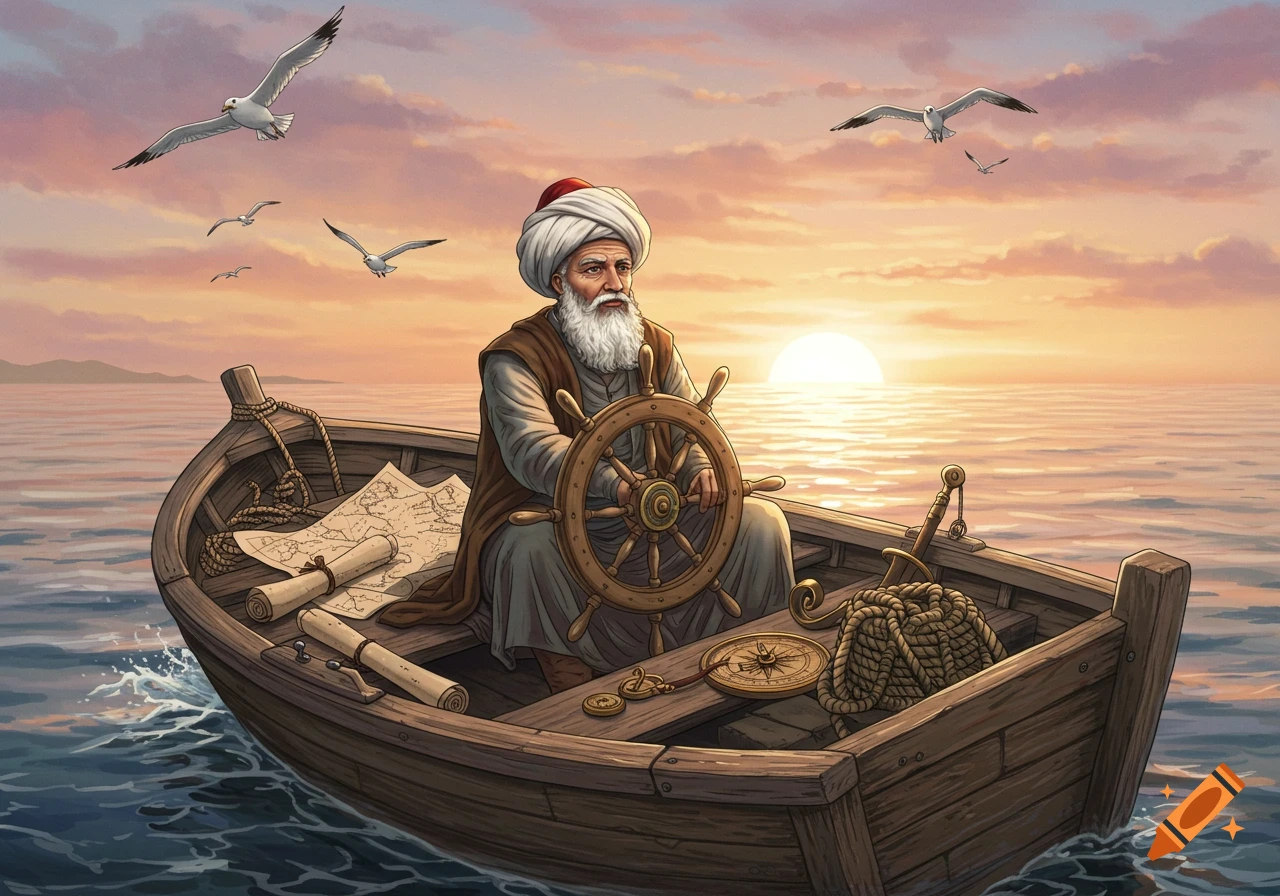 An old bearded man, Piri Reis, in traditional attire, steers a wooden boat at sunset with maps and a compass, gulls fly overhead. Illustrated style.