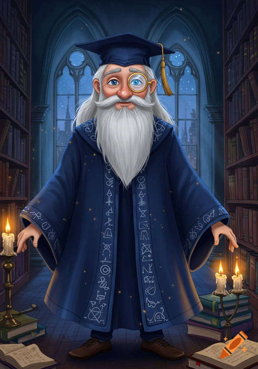 An old wizard with a long white beard, a grad cap, and a monocle stands in a magical library with glowing candles and open books, wearing a dark blue robe adorned with mystical symbols.