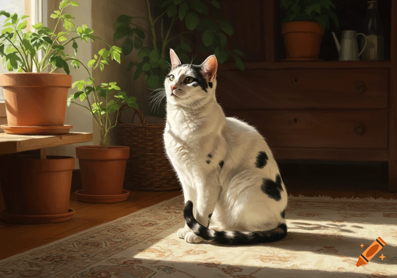 A white cat with black spots sits on a patterned rug in a sunlit room with several potted plants.