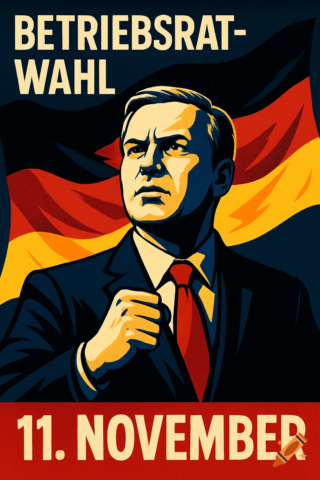 Propaganda style political poster of a stern man in a suit with a German flag, text 'BETRIEBSRAT- WAHL' and '11. NOVEMBER'.