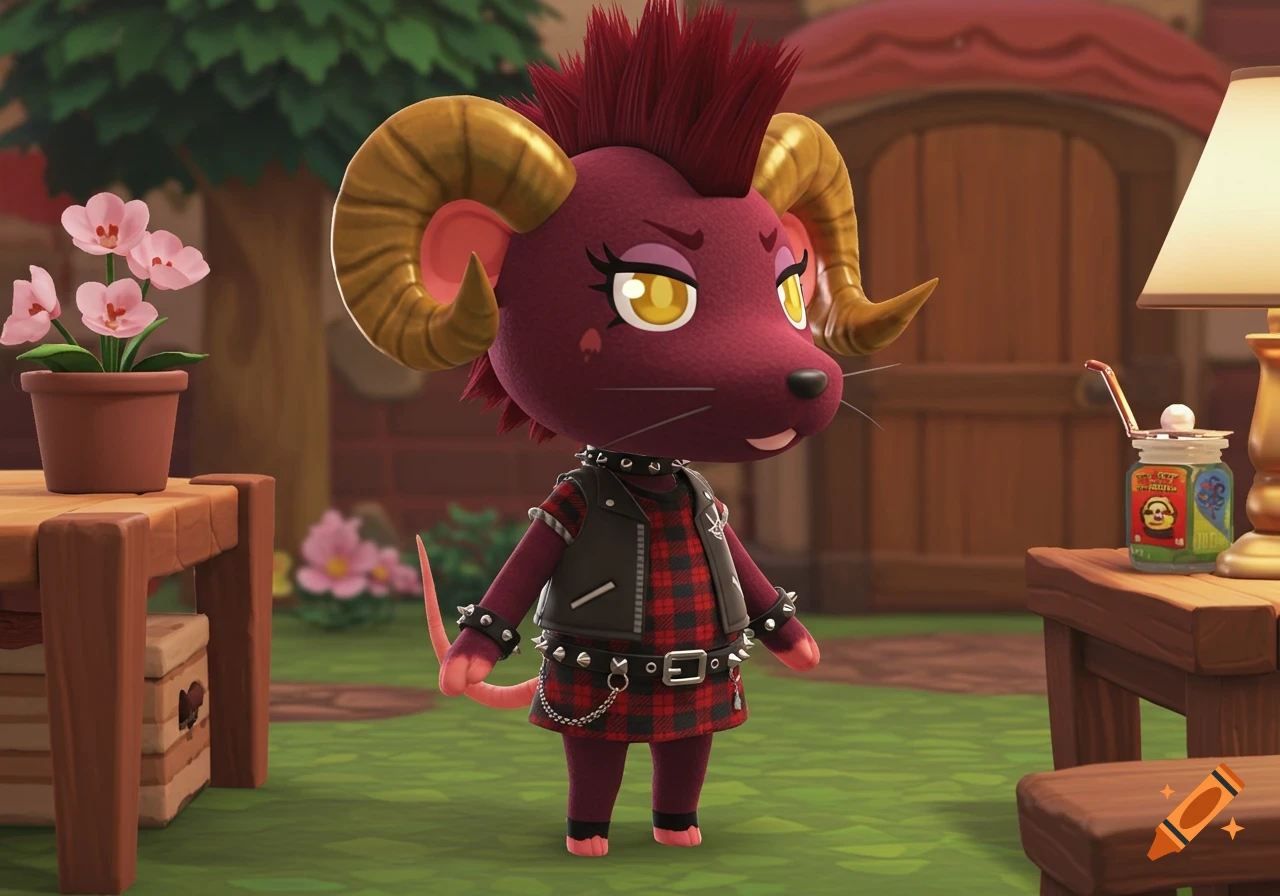 A dark red punk mouse Animal Crossing villager with gold ram horns, a red mohawk, and a plaid shirt stands outdoors.