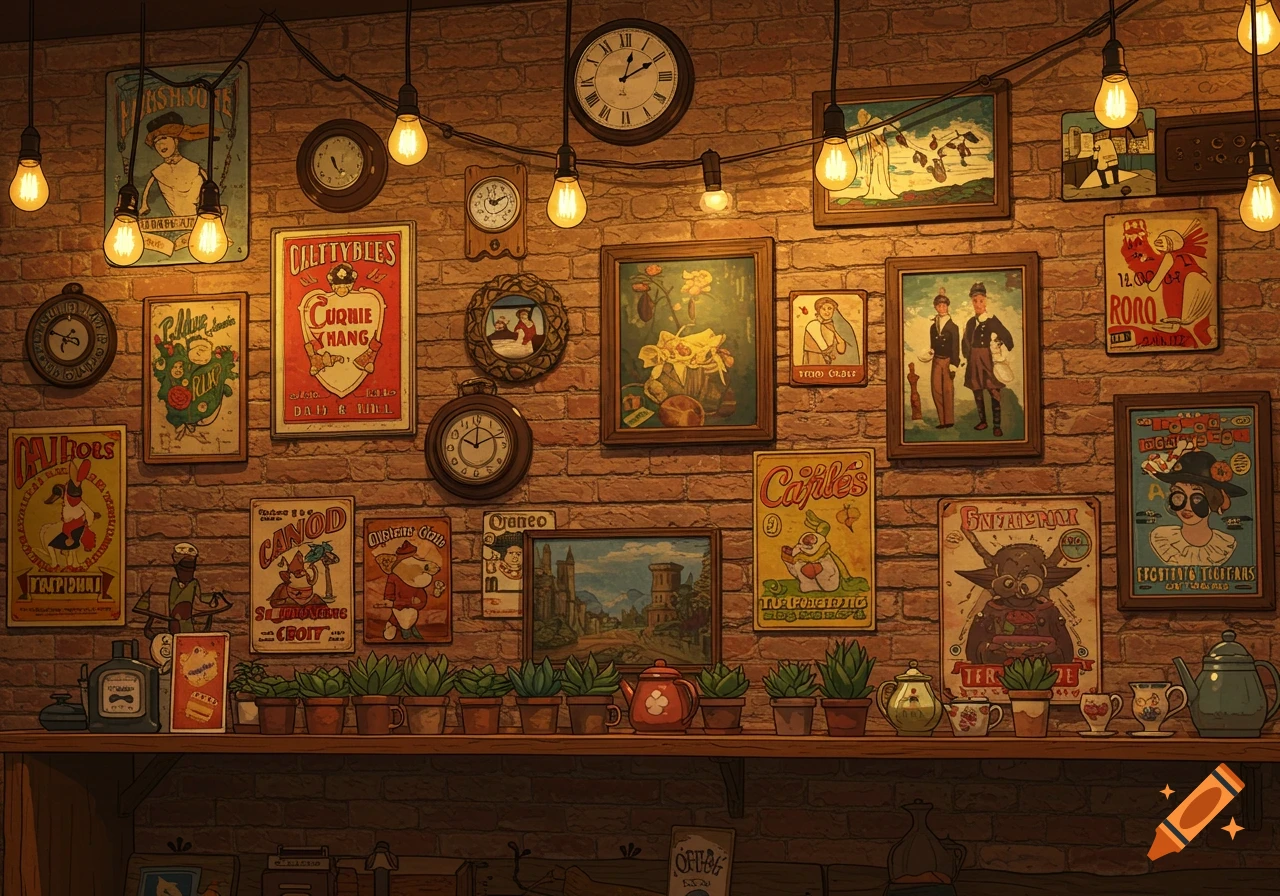A warmly lit brick wall in a cafe, adorned with numerous framed artworks, vintage posters, clocks, and potted plants on a shelf below.