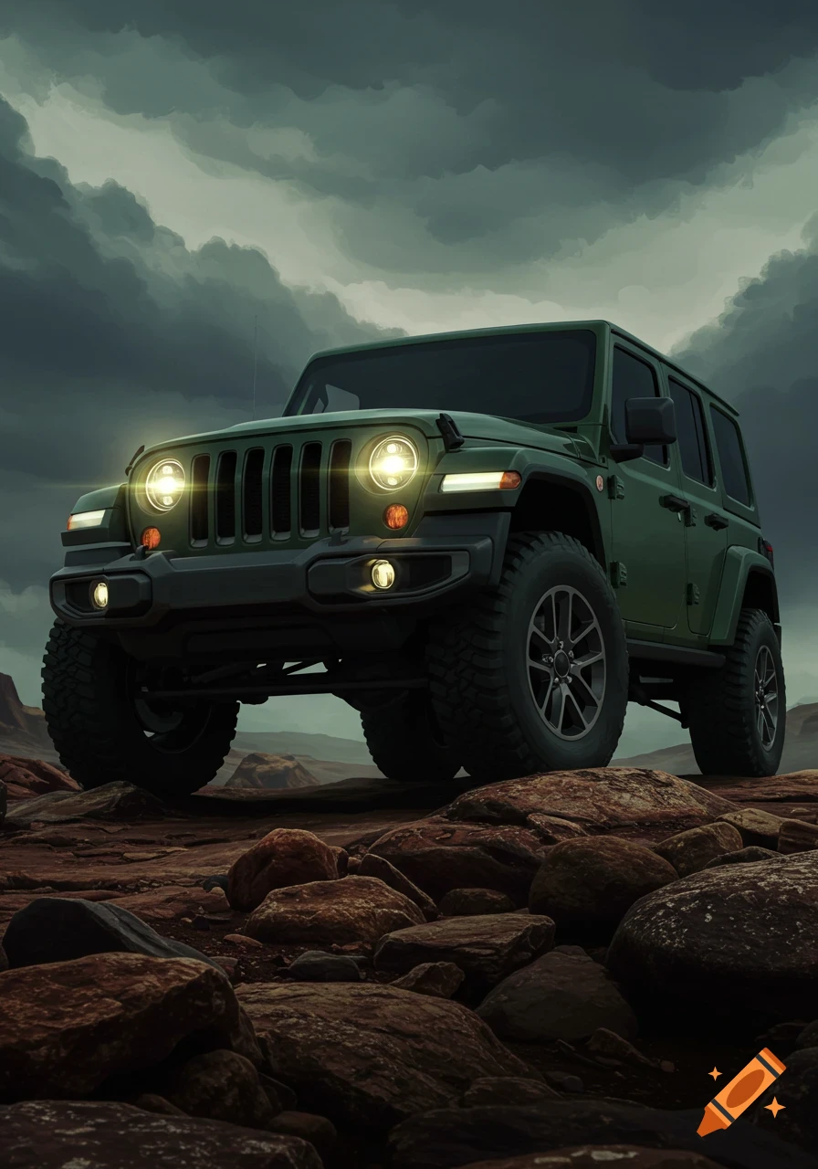 A green Jeep Wrangler with headlights on, parked on large red rocks under a dramatic cloudy sky.