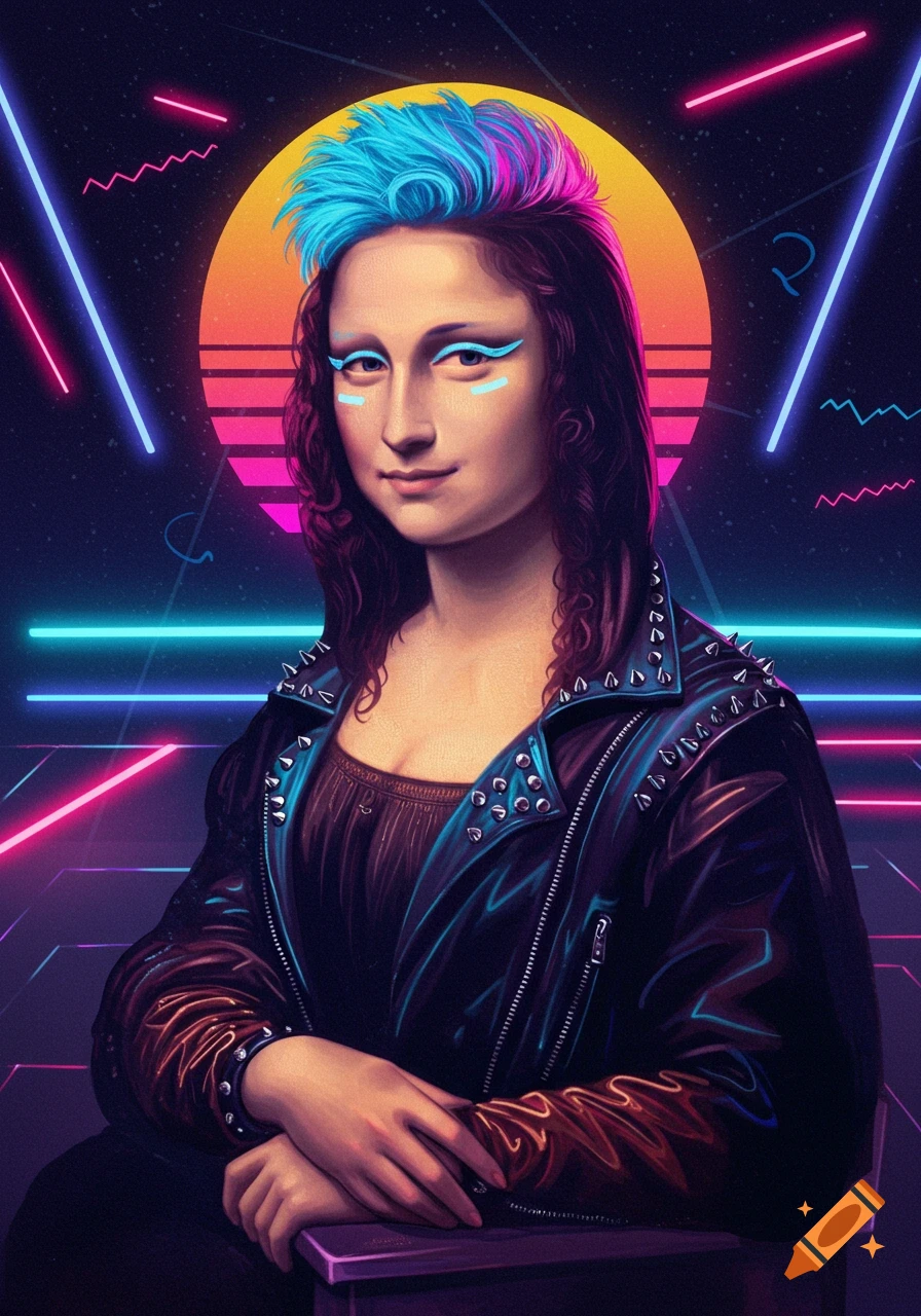 Mona Lisa portrait in 1980s New Wave style with blue and pink hair, graphic eyeliner, a studded leather jacket, and a neon retro-futuristic background.