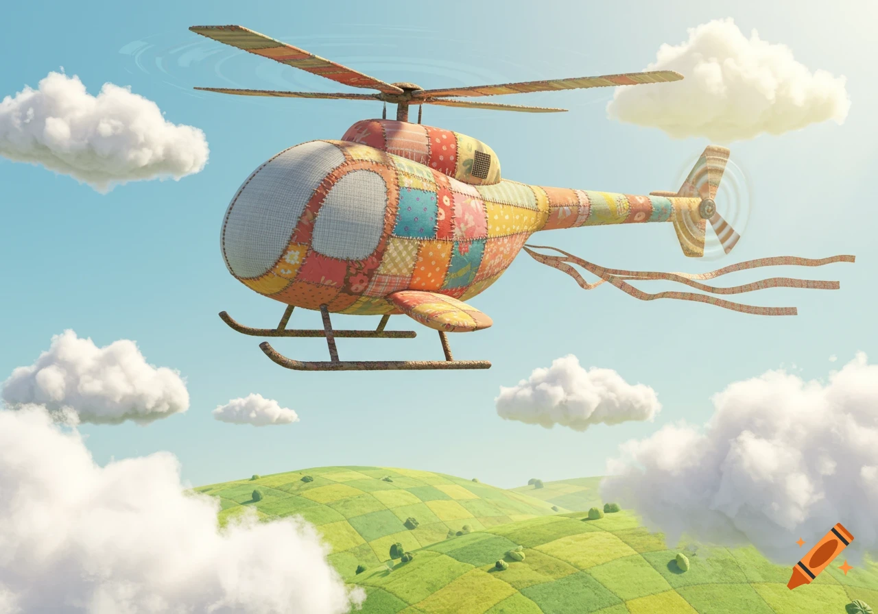 A whimsical helicopter made of colorful patchwork fabric flies in a bright blue sky, surrounded by fluffy white clouds above rolling green hills.