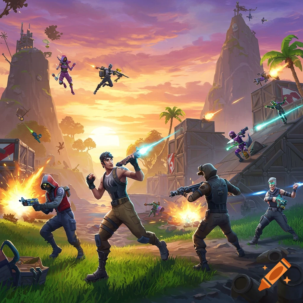 Fortnite battle scene at sunset with multiple characters firing energy weapons in a mountainous, tropical landscape.