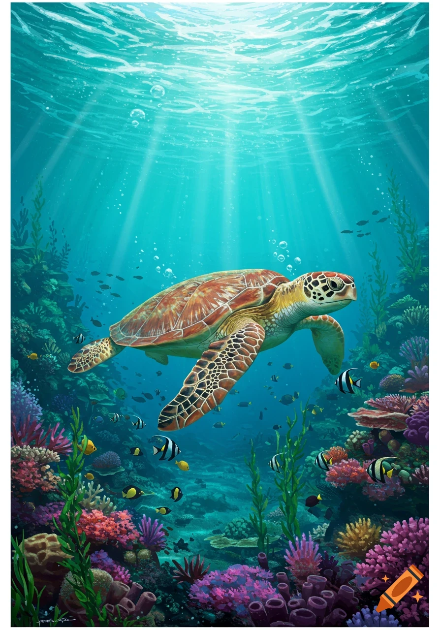 A vibrant sea turtle swims through a colorful coral reef with schools of fish and sunbeams filtering through the clear blue water.