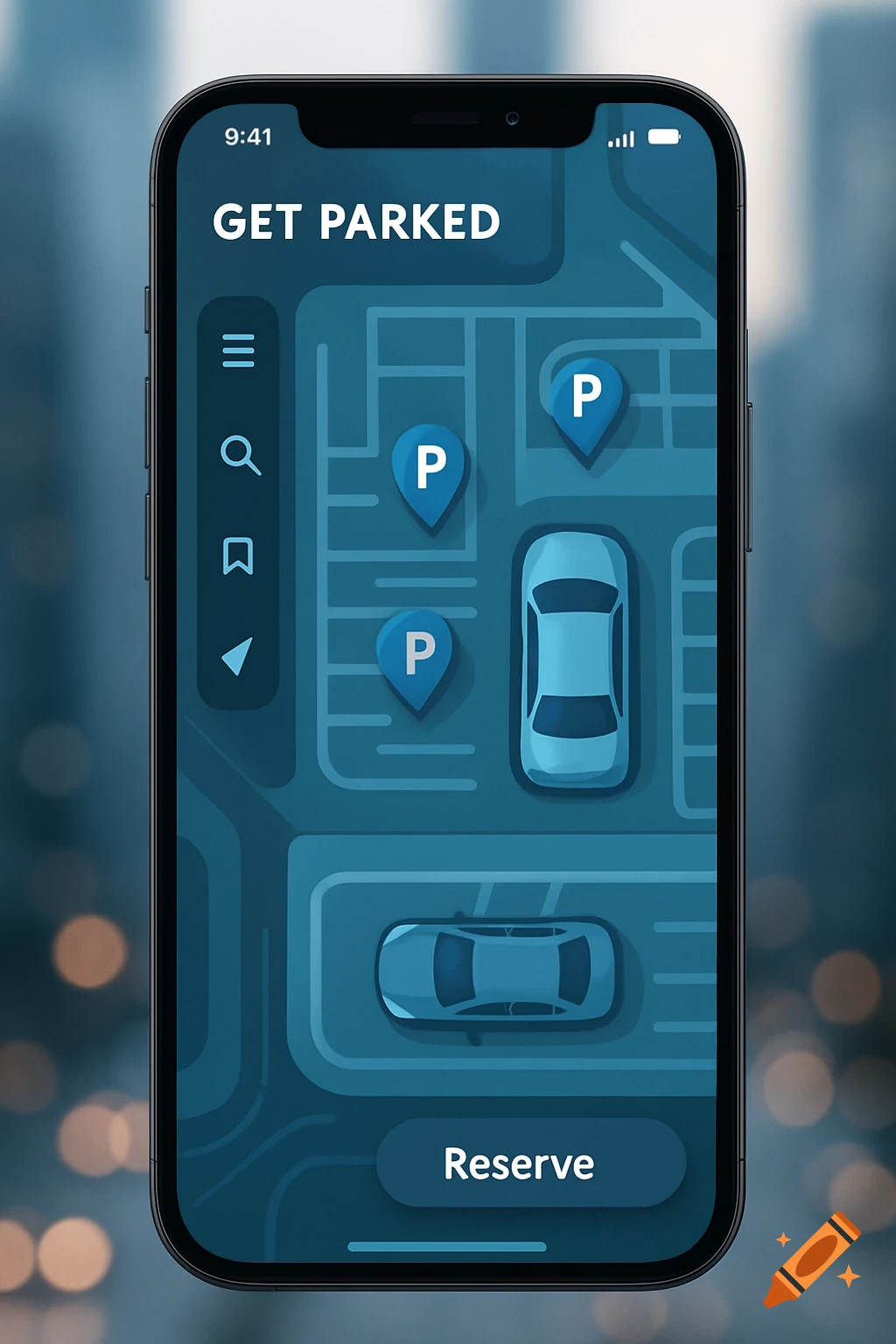 A smartphone displaying a 'GET PARKED' app interface with a map showing parking spots, two cars, and a 'Reserve' button.