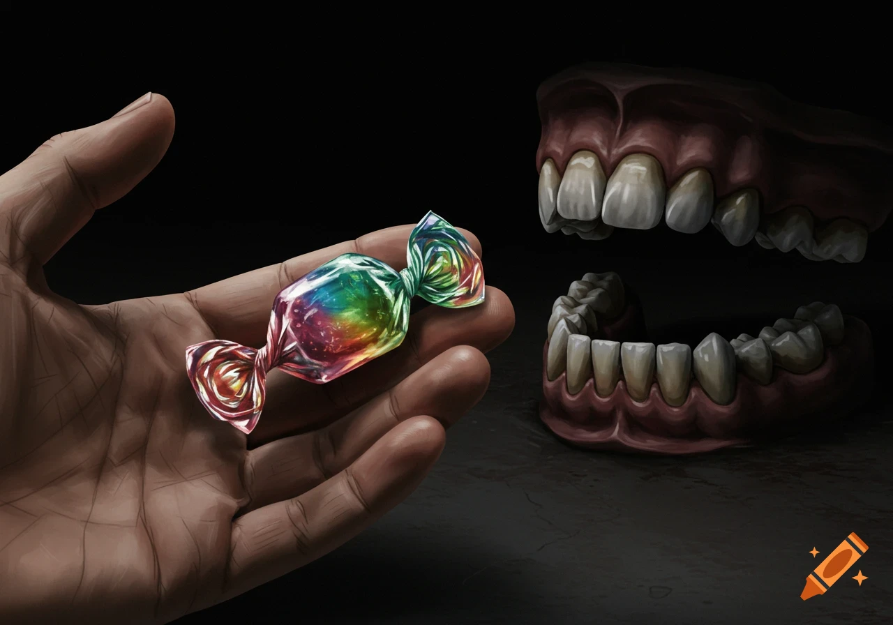 A hand offers a colorful candy to a large, open mouth with dark, cracked teeth, in a realistic, moody style.