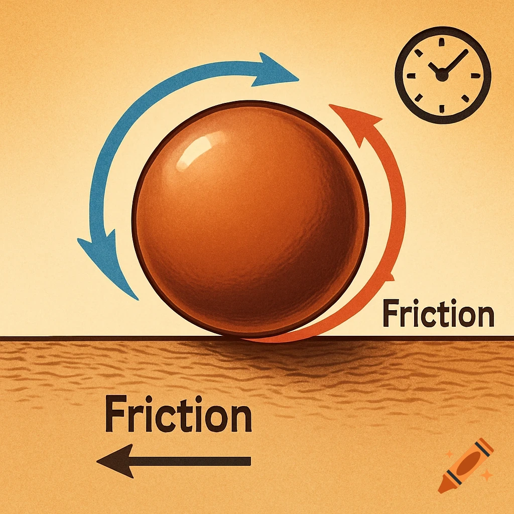 2D illustration of a brown ball rolling on a textured surface, with arrows showing rotation and friction, and a clock icon.