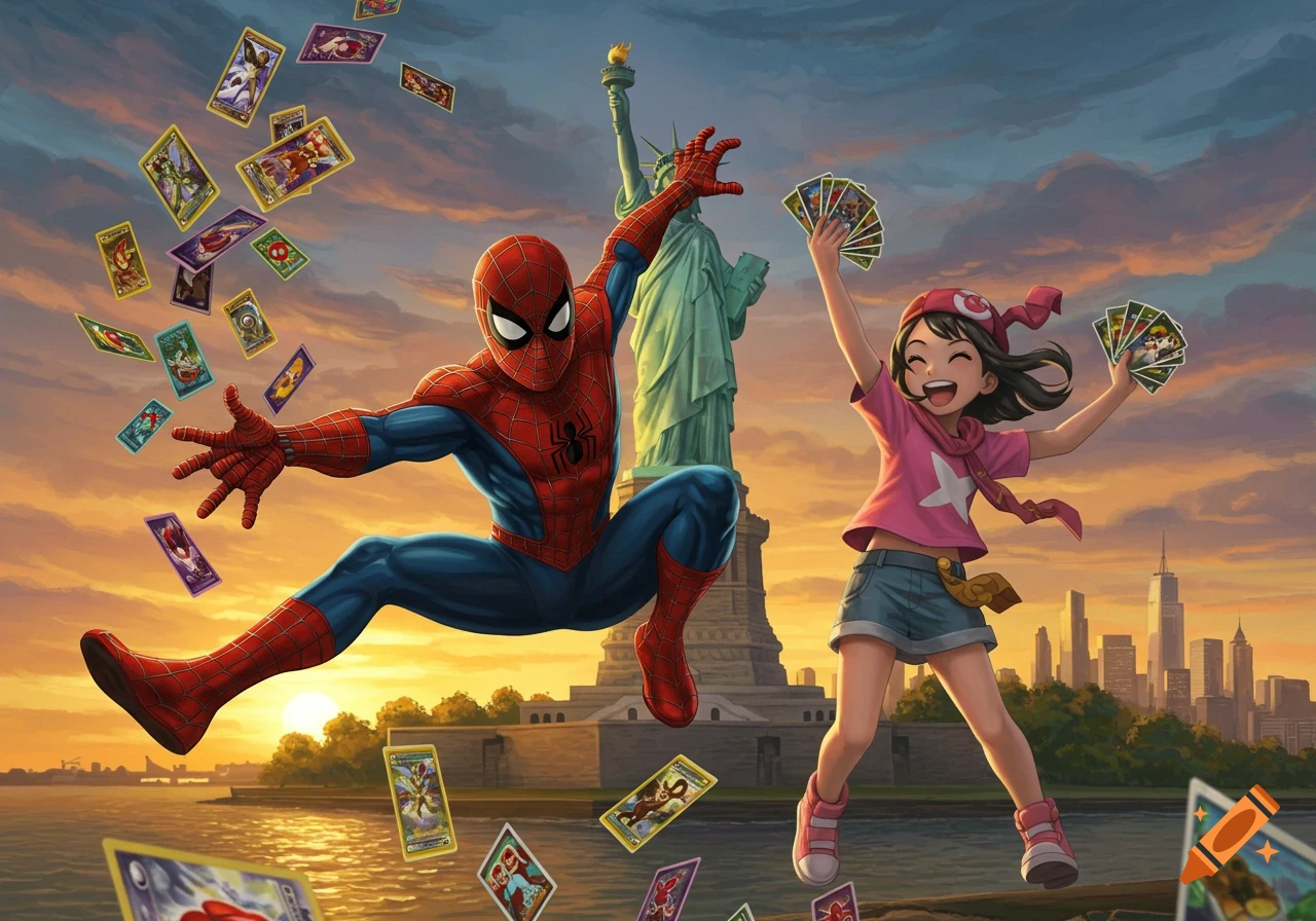 Spider-Man and a joyful girl throw trading cards in New York City with the Statue of Liberty and skyscrapers at sunset.
