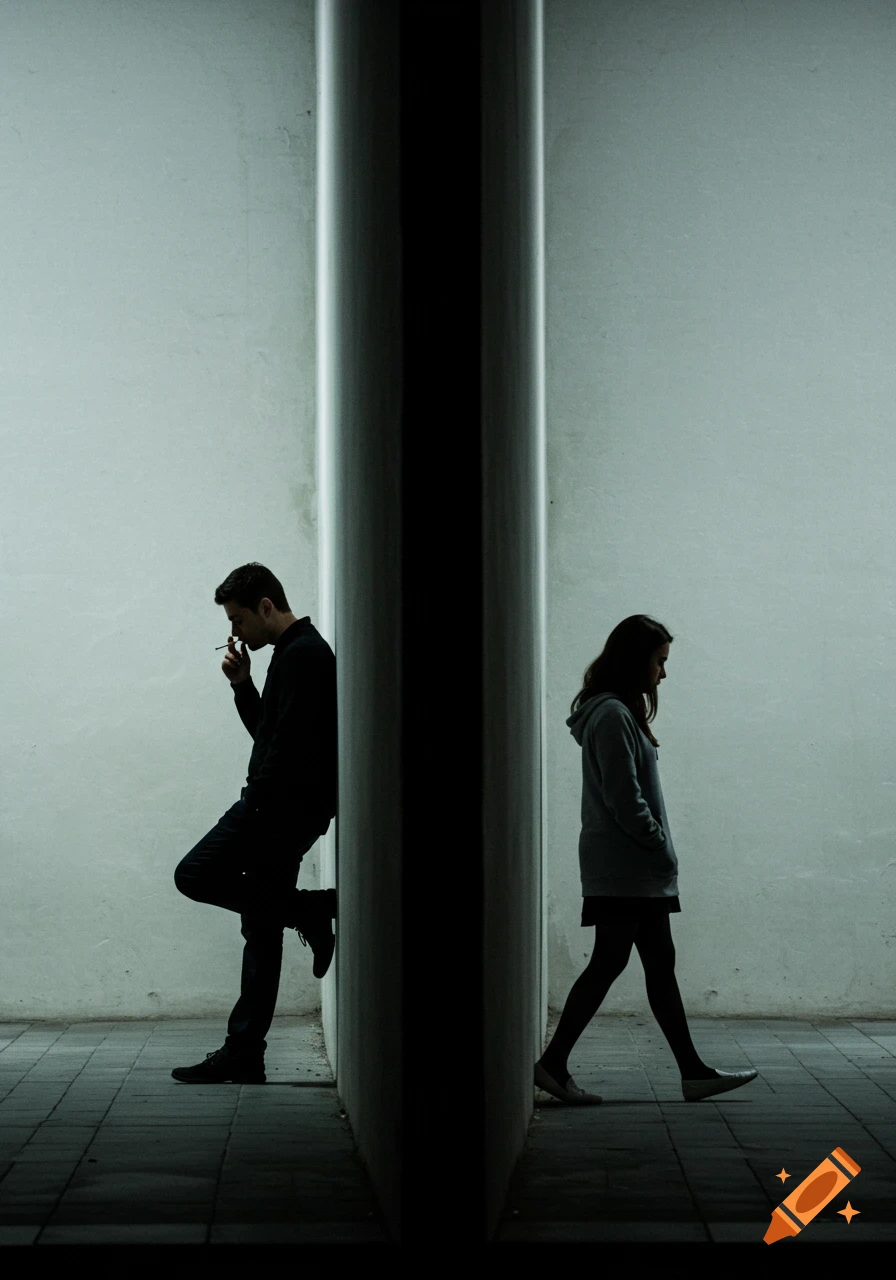 A man leans against a wall smoking while a woman walks away on the other side, symbolizing separation in a melancholic, photorealistic scene.