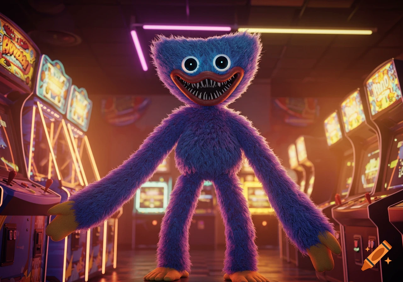 A blue furry Huggy Wuggy animatronic stands in a neon-lit arcade filled with game machines, featuring its wide, toothy grin.