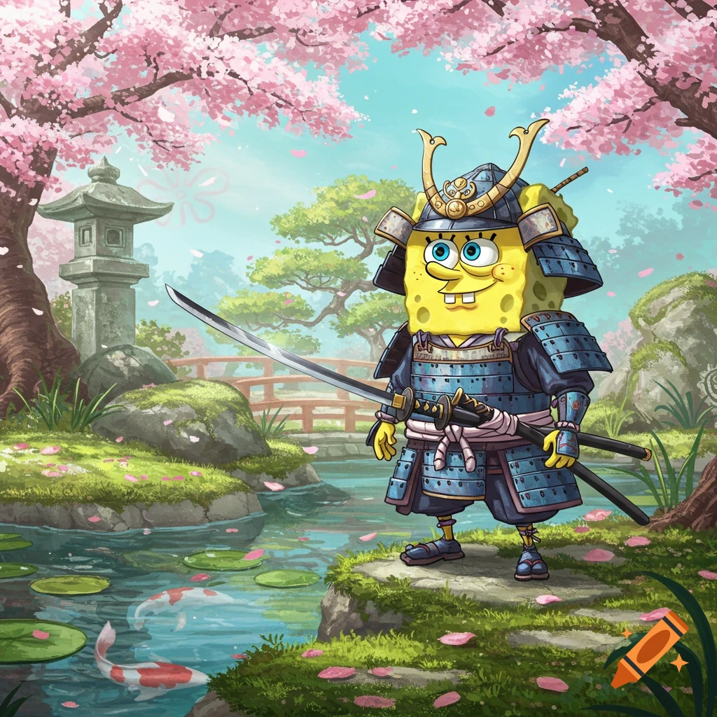 Spongebob Squarepants dressed as a samurai, standing by a pond with koi fish in a cherry blossom garden, cartoon style.