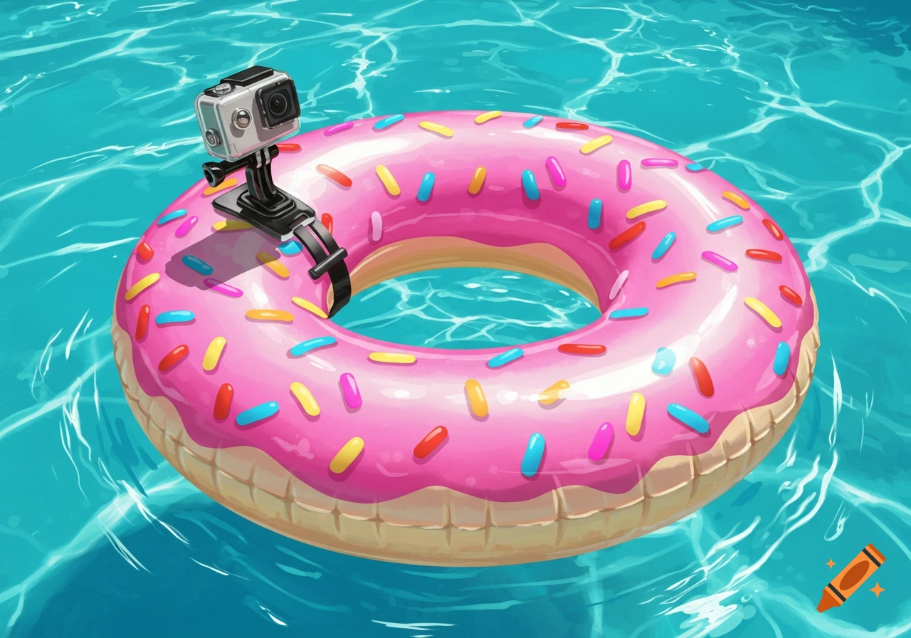 Colorful inflatable donut pool floatie with sprinkles and an action camera, floating in a clear blue pool, illustration style.