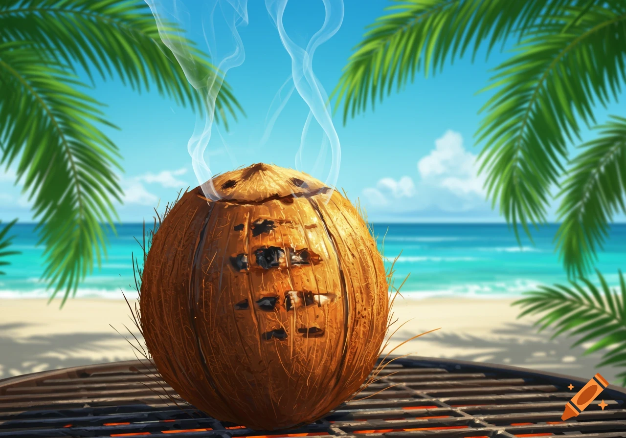 A smoking coconut sits on a hot barbecue grill on a tropical beach, with palm fronds and blue sky in the background.