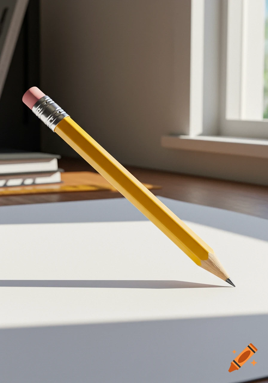 A yellow pencil with a pink eraser casts a shadow on white paper, resting on a wooden desk with a window in the background.
