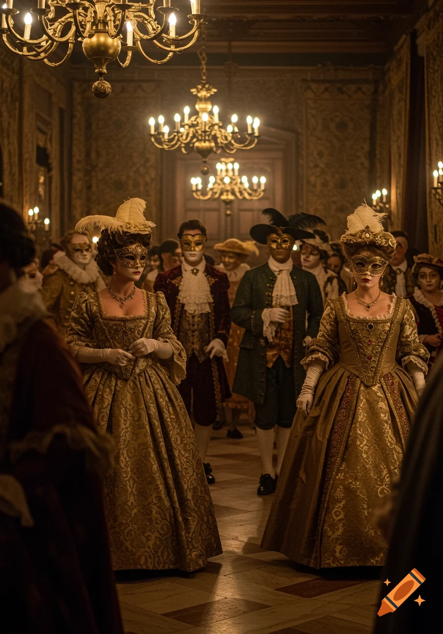 Guests in ornate gold costumes and masks at a lavish historical masquerade ball in a dimly lit, chandelier-adorned hall.