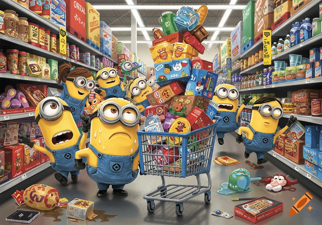 Cartoon minions cause chaos in a supermarket, one pushing an overflowing shopping cart while others run around, some items spilling on the floor.