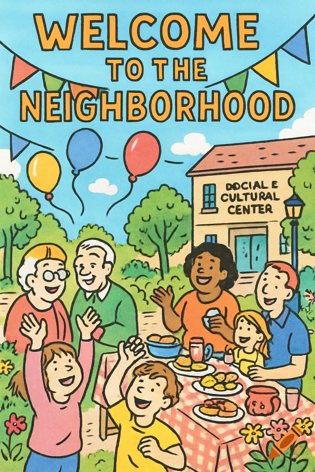 A friendly cartoon poster depicting a diverse group of people of all ages at a "Welcome to the Neighborhood" party outside a "Social & Cultural Center", featuring balloons and a picnic table with food.