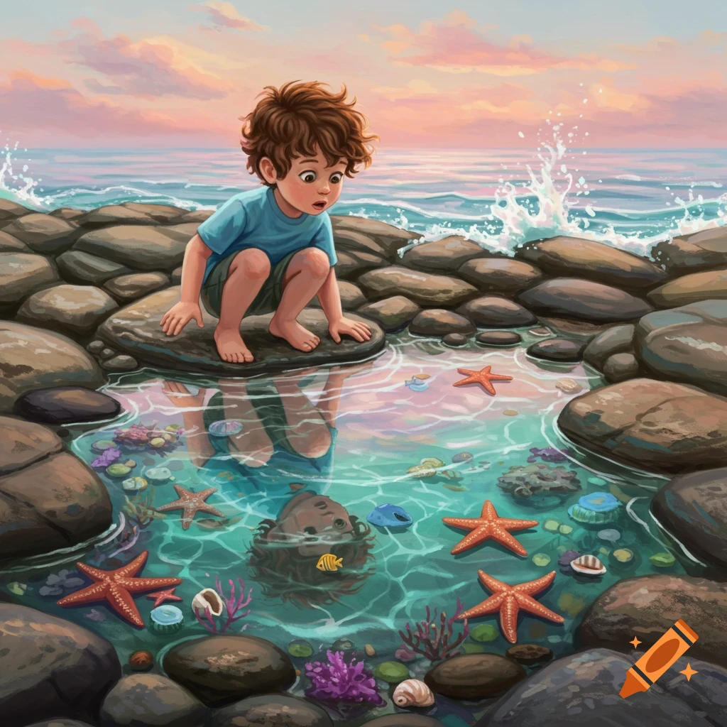 An illustrated little boy with brown curly hair crouches on rocks, observing starfish, shells, and coral in a clear tidepool at sunset.