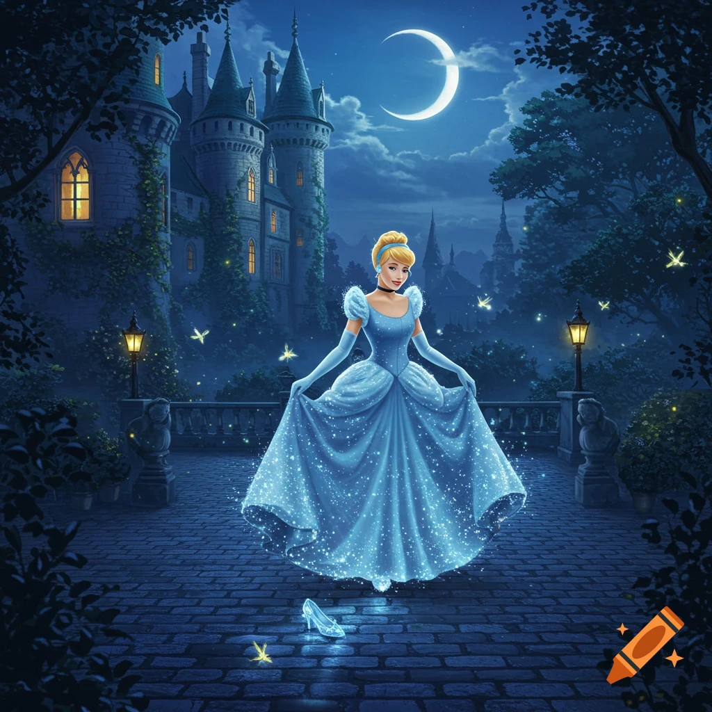 Cinderella in a sparkling blue ball gown stands before a magical castle under a crescent moon, with a glass slipper on the path.