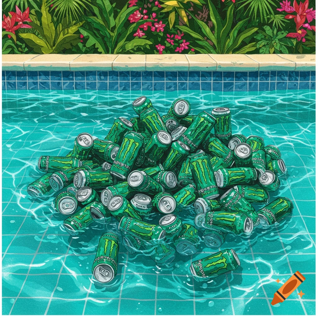 A stylized illustration shows a large pile of green Monster Energy drink cans floating in a blue swimming pool. Lush tropical plants with pink flowers line the background.
