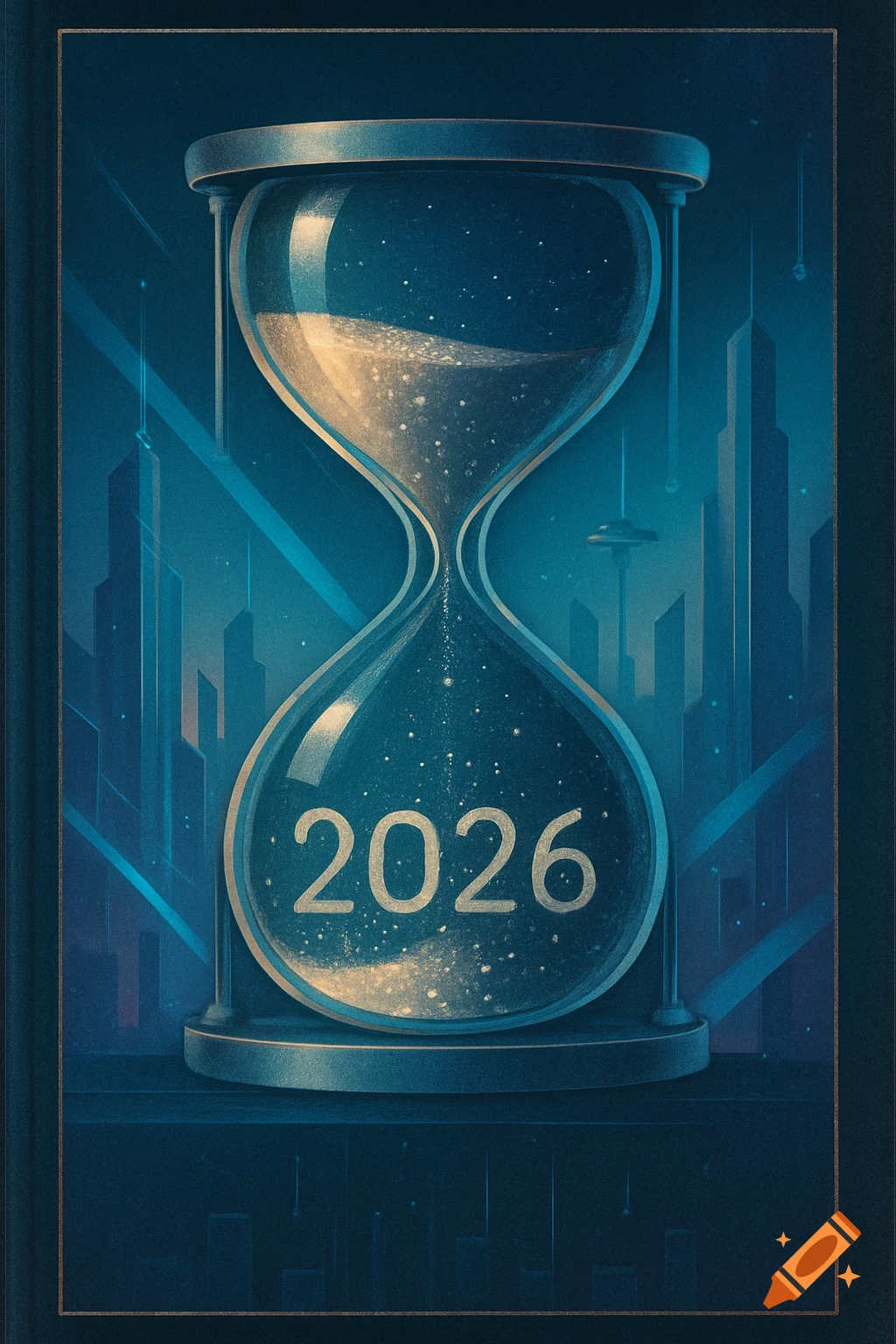 Futuristic hourglass with glowing sand and the year 2026, set against a backdrop of blue-toned city skyscrapers.