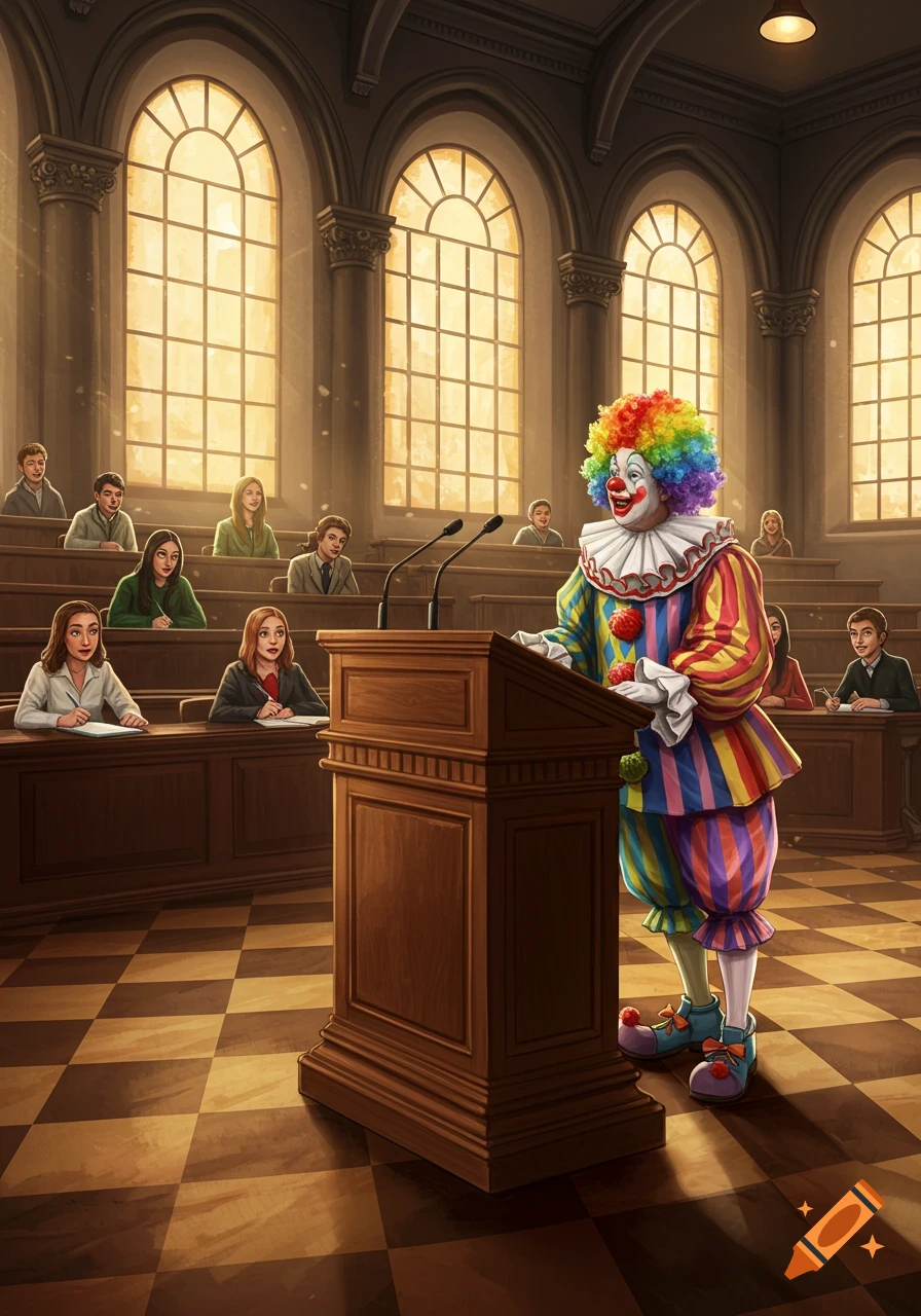 A brightly dressed clown speaks at a podium to an audience of students in a large, windowed hall.