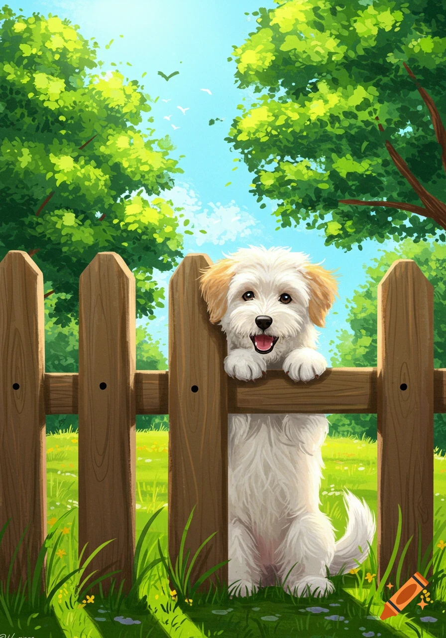 An adorable fluffy white and tan puppy peeks over a wooden fence in a sunny, vibrant cartoon garden scene with green trees and a blue sky.