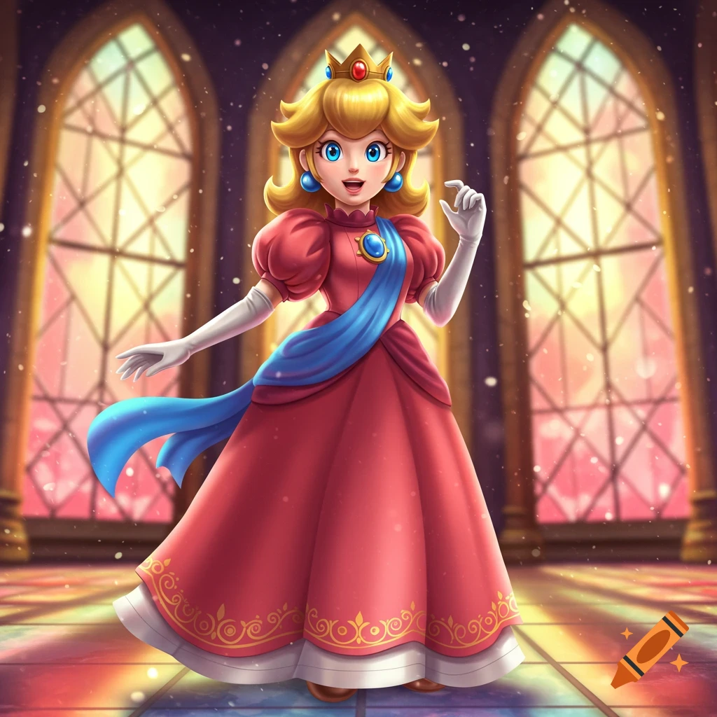 Princess Peach in a pink gown and crown stands in a grand hall with arched stained-glass windows in a Nintendo art style.