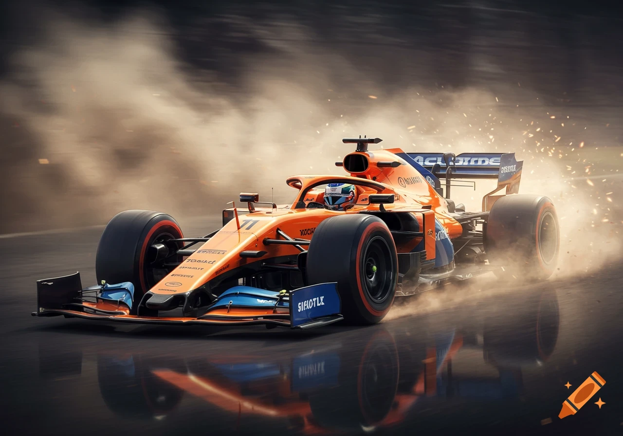 A photorealistic orange and blue McLaren Formula 1 car races on a track, generating smoke and sparks.