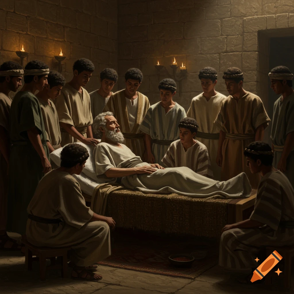 An old bearded man lies on a bed, surrounded by a group of younger men, in a dimly lit, candlelit stone room.