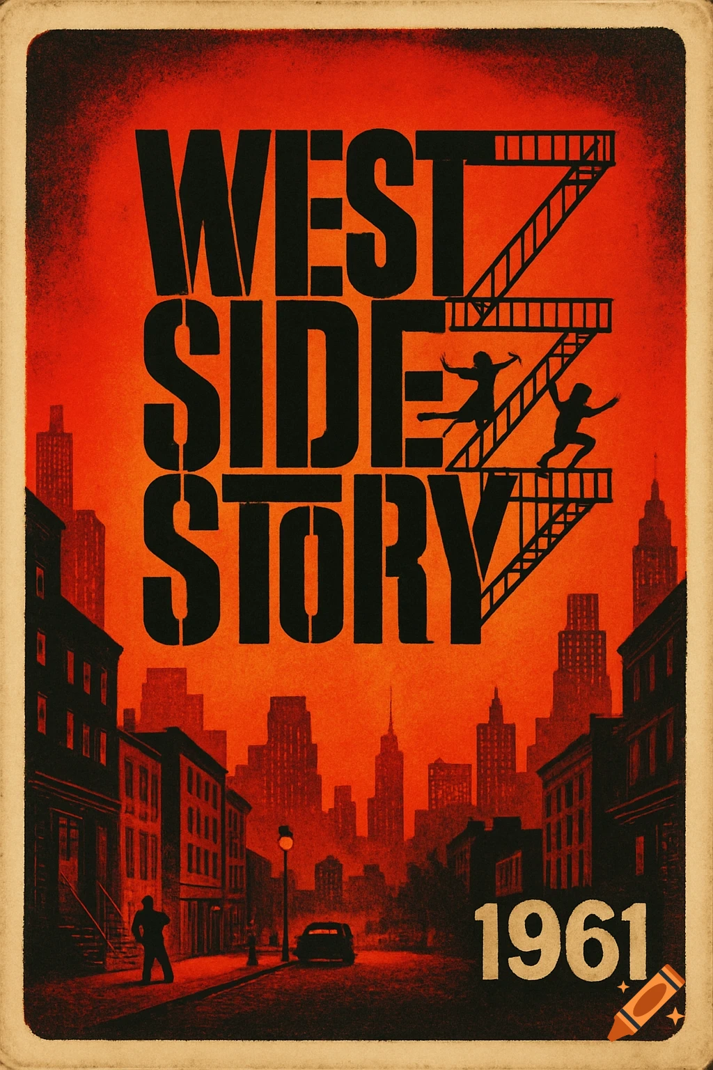 West Side Story musical poster in red, black, and beige, with a cityscape, silhouetted dancers on a fire escape, and the year 1961.