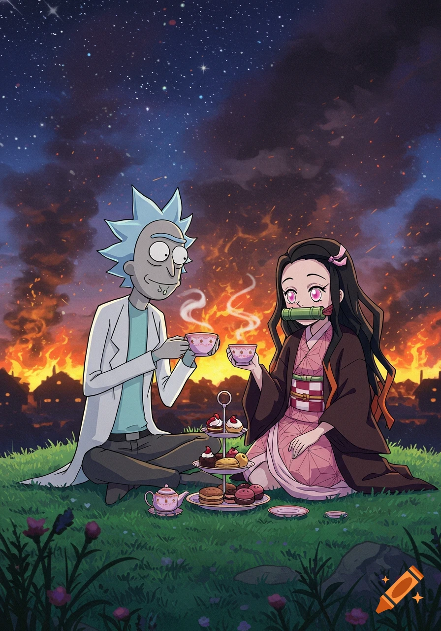 Rick Sanchez and Nezuko Kamado enjoy a tea party in a grassy field under a starry night sky, with a burning village in the background.