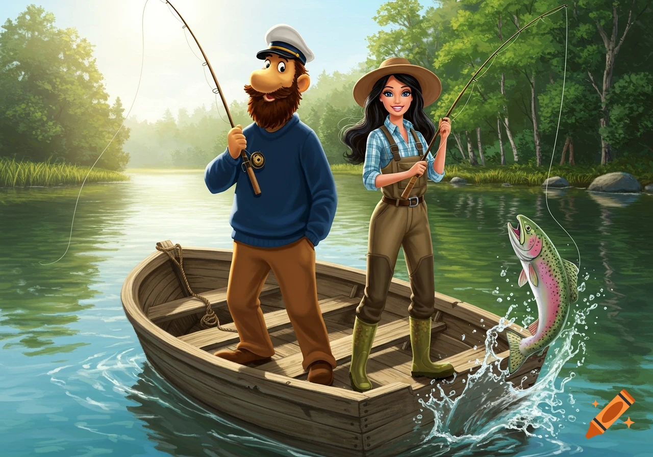 A cartoon man resembling Captain Haddock and a woman resembling Barbie are fishing from a wooden boat, with a trout jumping out of the water.