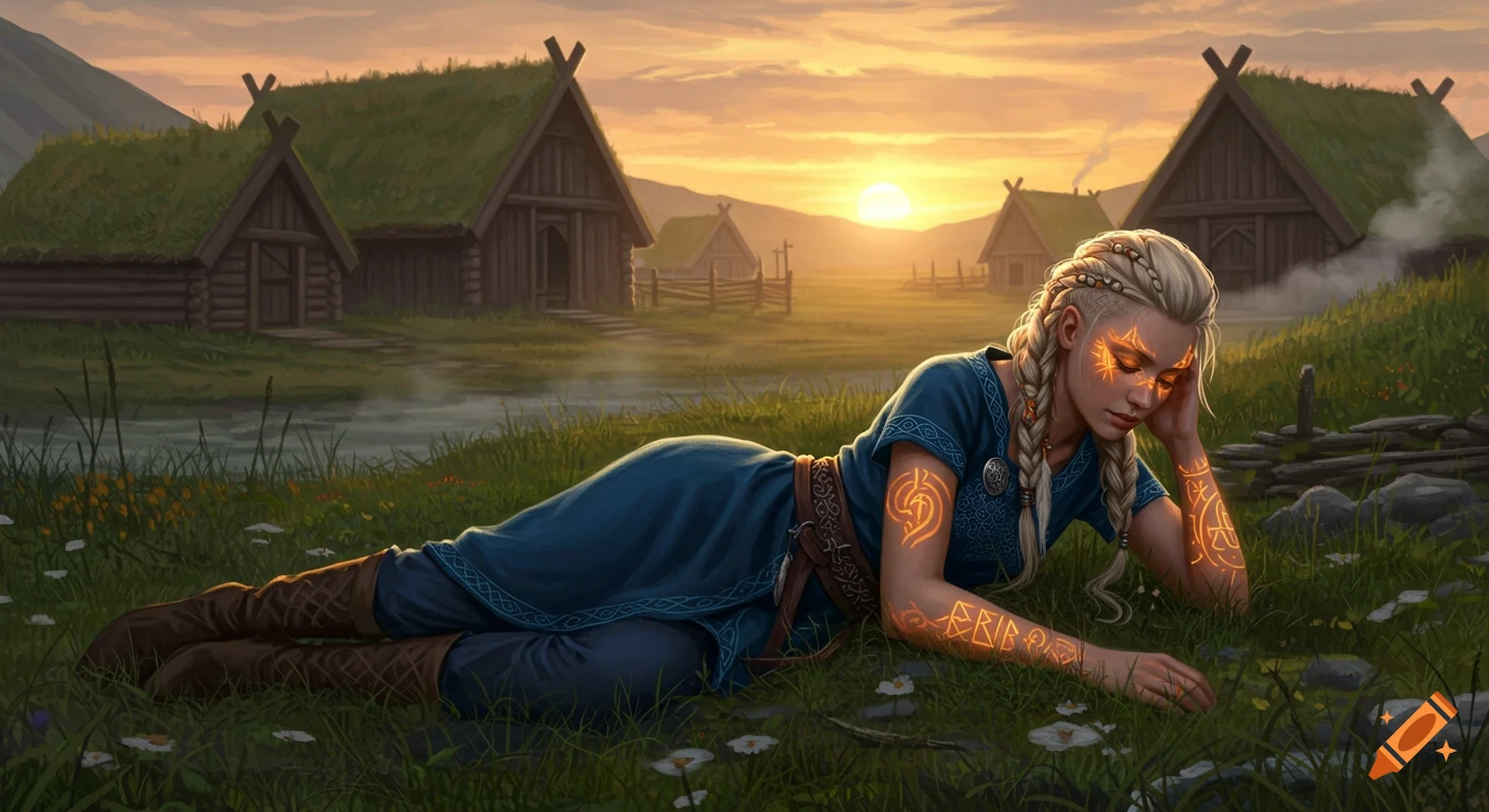 A slender Viking woman with glowing orange runic tattoos and white braided hair lies on grass in a Viking village at sunset, cinematic style.